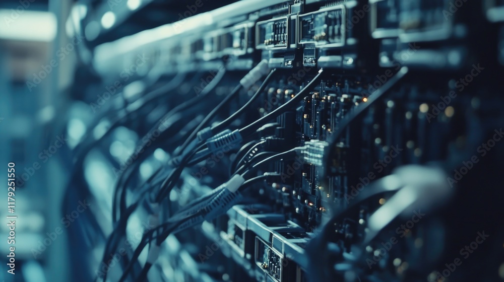 Poster data storage executives collaborating in a server hub with blue lighting and multiple cables connect