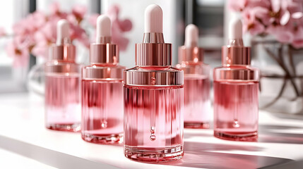 Pink Cosmetic Bottles with Droppers Showcase Product Display with Elegance and Sophistication.
