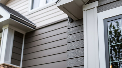 Fototapeta premium Exterior House Detail: Gray Siding, White Trim, and Window