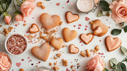 A table with a bunch of heart shaped cookies and a bunch of pink roses