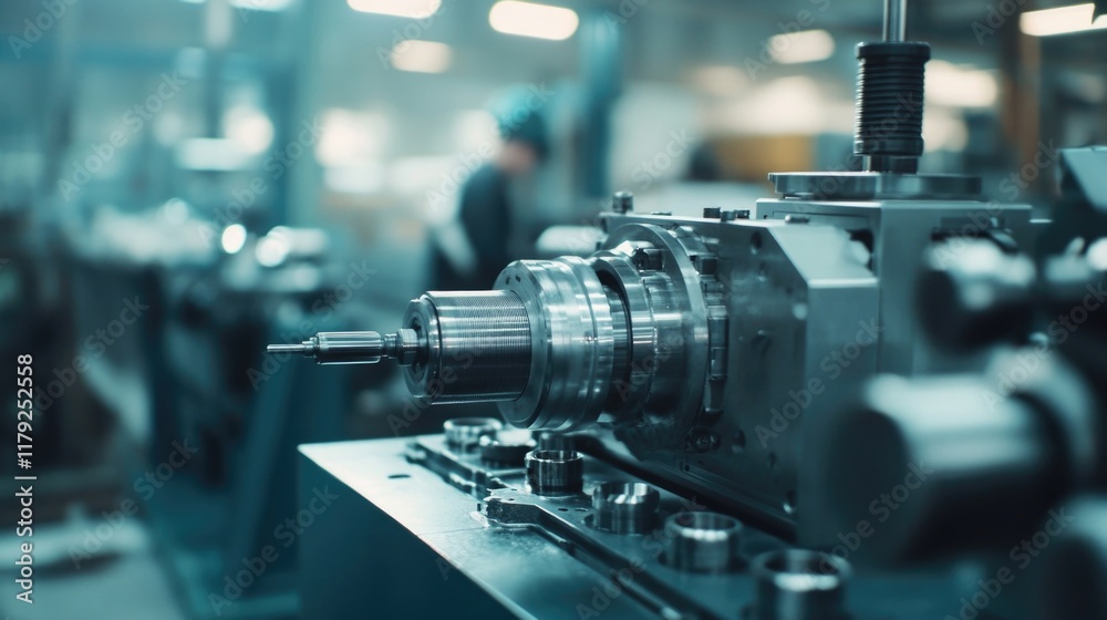 Poster mechanical engineering precision lathe machine in industrial factory with man worker in uniform and 