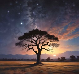 Illustration of tree with starry skind behind.