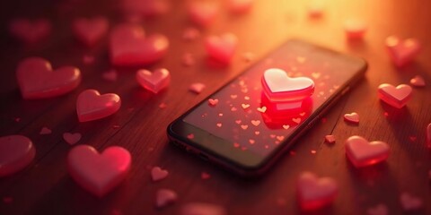Digital Love: A glowing heart on a phone screen, surrounded by scattered hearts on a warm wooden surface. Romantic, digital love.