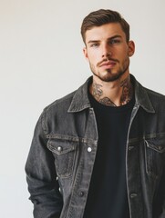 Obraz premium Handsome young man with stylish tattoos posing against a minimalist light gray wall, wearing a black t-shirt and denim jacket, showcasing a modern look.