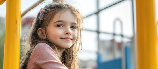Portrait of joyful teenage girl with long loose hair smiling at children's playground on sunny day with vibrant yellow structures and empty copyspace for text