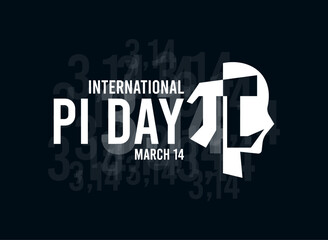 International Pi Day. March 14. Head silhouette icon and pi symbol. Black background. Poster, banner, card, background.