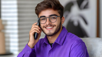 Smiling Man Answers Phone Call in Purple Shirt and Glasses, Indoors and Brightly Lit