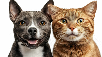 Obraz premium Smiling Dog and Curious Cat Posing Together on a Clean White Backdrop Close Up