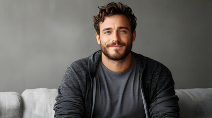 Obraz premium Portrait of a Smiling Man Sitting Comfortably on a Couch with a Gray Background