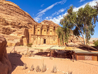 Petra, Jordan : ancient Monastery building in Petra (Ad Deir) one of the Seven Wonders of the World (historical place in Arab countries)