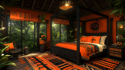 Jungle Bedroom 3D Illustration: Orange and Black Decor