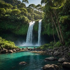 Fototapeta premium A picturesque waterfall in a valley, surrounded by wildflowers and ferns.