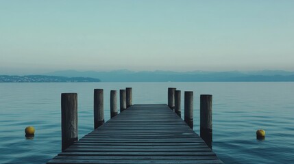 Fototapeta premium Serene Lake Constance Pier at Dusk with Calm Waters and Light Blue Sky Ideal for Text Overlay and Apple Still Life Concept