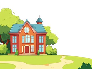 Naklejka premium Colorful cartoon school building surrounded by green trees on a grassy area with vast empty space for text in a bright blue sky setting