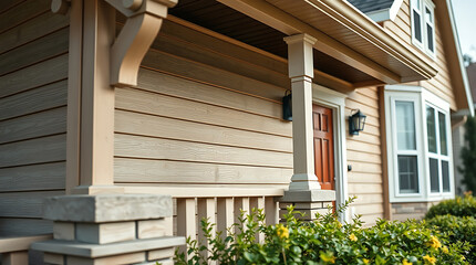 Fototapeta premium Residential House Exterior with Wood Siding and Stone Pillars