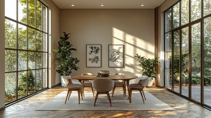 Modern interior dining room with table and chairs empty living room with beige wall