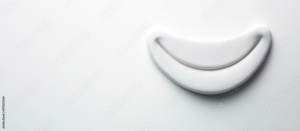 Poster bright plain white background featuring a large abstract curved smile shape creating an inviting and