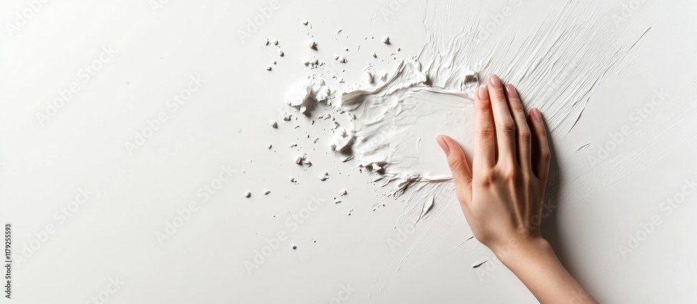 Poster woman's hand creating textured impression on white surface with large empty space for customizable t