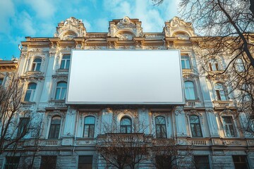 Blank advertising billboard in front of a classic building facade for mockups and marketing