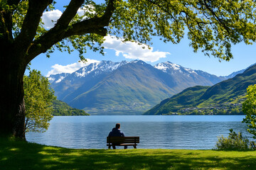 Scenic view of a person enjoying nature with mountains and lakes