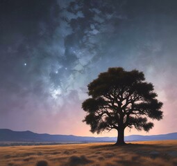 Obraz premium Illustration of tree with starry skind behind.