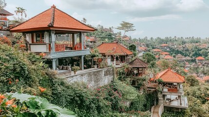 Bali hillside villas with red roofs.