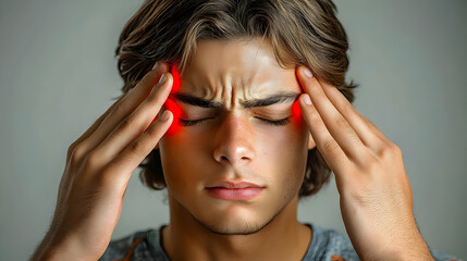 Young Man Experiences Severe Headache and Holds His Temples with Closed Eyes, Expressing Discomfort
