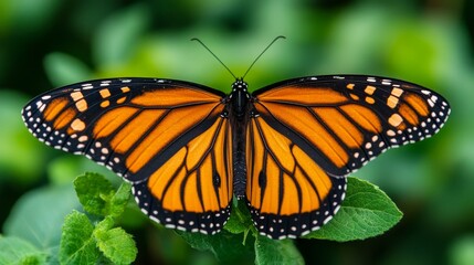 Fototapeta premium Monarch Butterfly Wings Spread Open On Green Leaves
