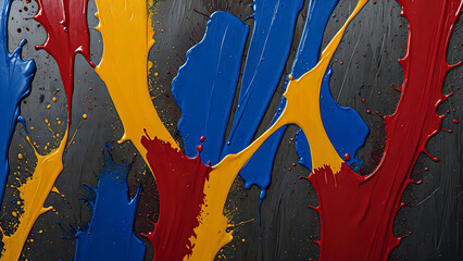 Bold abstract design featuring thick paint strokes and grunge texture details. Colors like blood red, mustard yellow, electric blue, and dark gray create an energetic, raw, and edgy aesthetic.