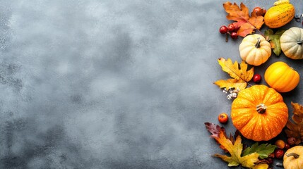 A collection of pumpkins in various colors accompanied by fallen leaves, creating a festive autumn arrangement on a slate surface