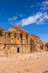 Petra, Jordan : ancient Monastery building in Petra (Ad Deir) one of the Seven Wonders of the World (historical place in Arab countries)