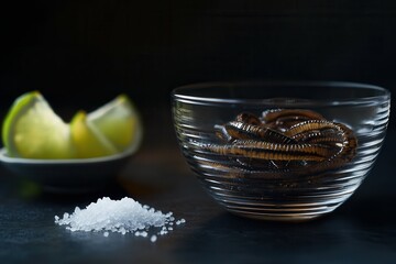 Glass bowl of edible worms with lime and salt on dark background.