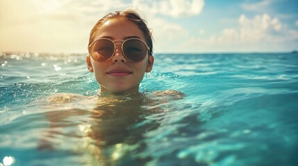 Young woman in sunglasses swimming in clear turquoise water at Isla Mujeres Mexico with vibrant sky and serene island backdrop for vacation imagery