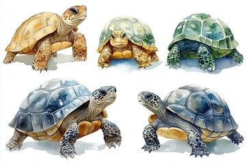 A watercolor illustration featuring various species of tortoises in different colors and poses.