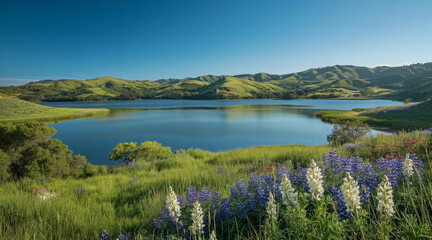 Serene Lake with Vibrant Wildflowers and Rolling Hills Under Clear Blue Sky