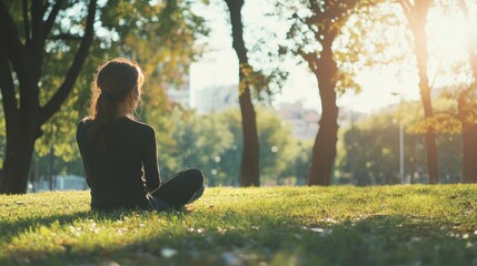 Young woman with long brown hair enjoying music while seated on green grass in a sunny park with trees and soft sunlight creating a serene atmosphere