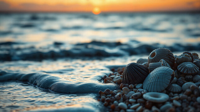 Seashells on wet sandy shore with ocean waves at sunset, invitation, hotel business card, logo, hen party, party