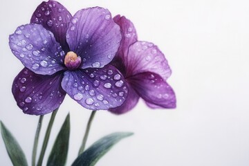 Obraz premium A close-up of purple orchids with water droplets, showcasing their beauty and elegance.