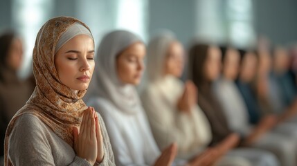 Obraz premium Group praying in a mosque: community, faith, and spiritual connection.