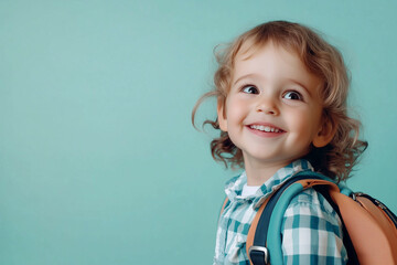 A young girl with a blue backpack is smiling and looking at the camera