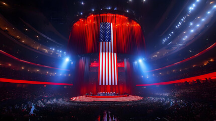Grand Stage with National Flag Backdrop Hosts a Patriotic Event in a Large Venue