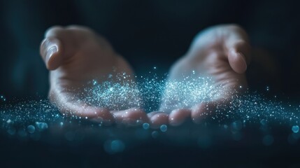 Fototapeta premium Hands Releasing Sparkling Blue Particles in Air