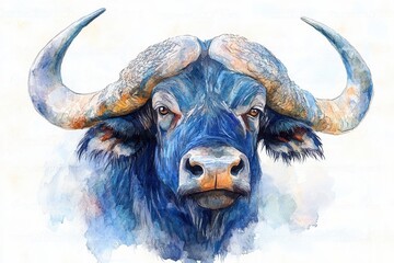 A watercolor illustration of a buffalo with prominent horns and a detailed expression.