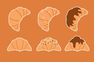 Stickers of different delicious croissants, pastries, French cuisine