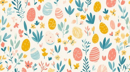 Vibrant easter background with colorful eggs and spring flowers for festive design.