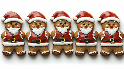 Five Gingerbread Men Dressed as Festive Characters Stand in a Row on a White Background