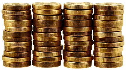 Four Stacks of Golden Coins Displayed on a White Background Close-Up Photography.
