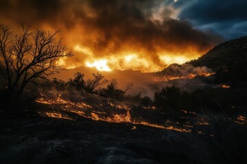 Naklejka premium Intense wildfire blaze engulfs forest with thick smoke and dramatic flames.