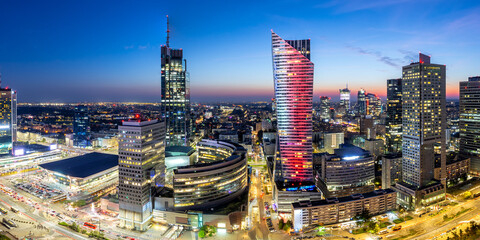 Warsaw skyline skyscraper in downtown by night panorama in Warsaw, Poland
