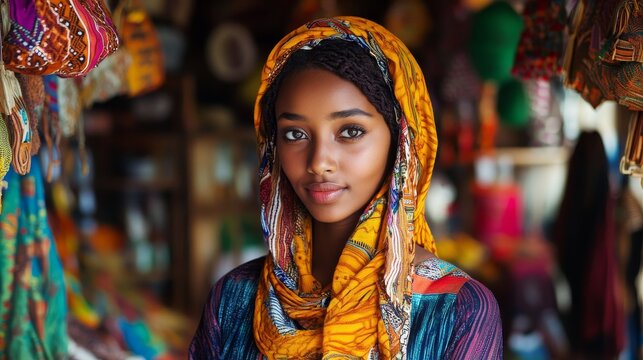 Vibrant Cultural Authenticity: Young Somali Woman in Handmade Craft Store